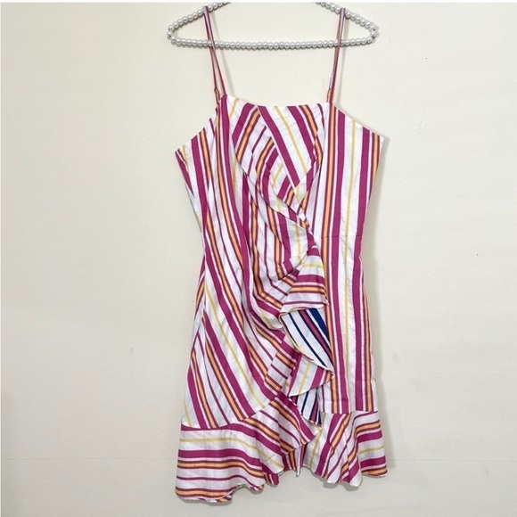 Parker Jay Striped Ruffle Front Sleeveless Pink & White Mini Dress SIZE MEDIUM - Picture 2 of 9
